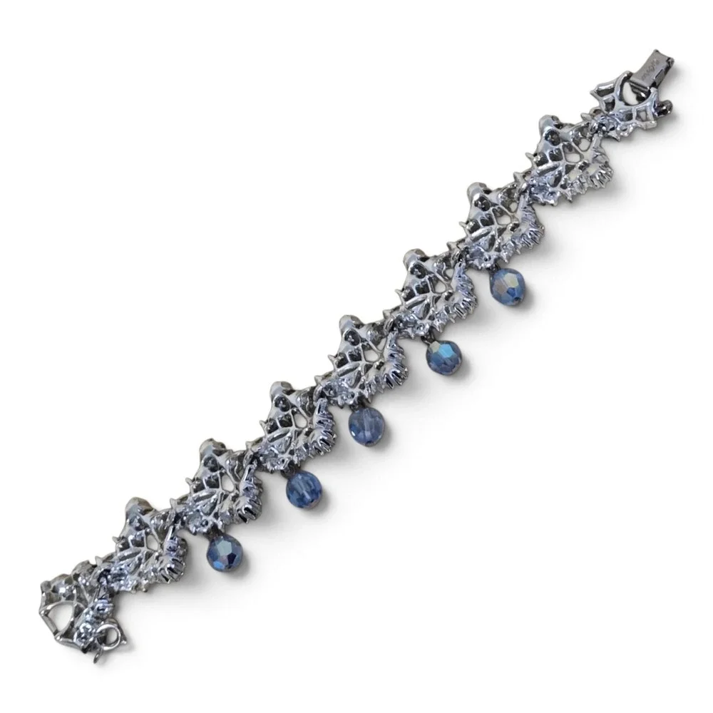 Vtg Coro Blue Aurora Borealis Rhinestone Bracelet Silver Tone Dangle Beaded 7.5